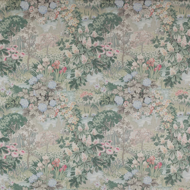 Pastel woodland floral fabric with sage green ground, pink blooms and blue flower clusters