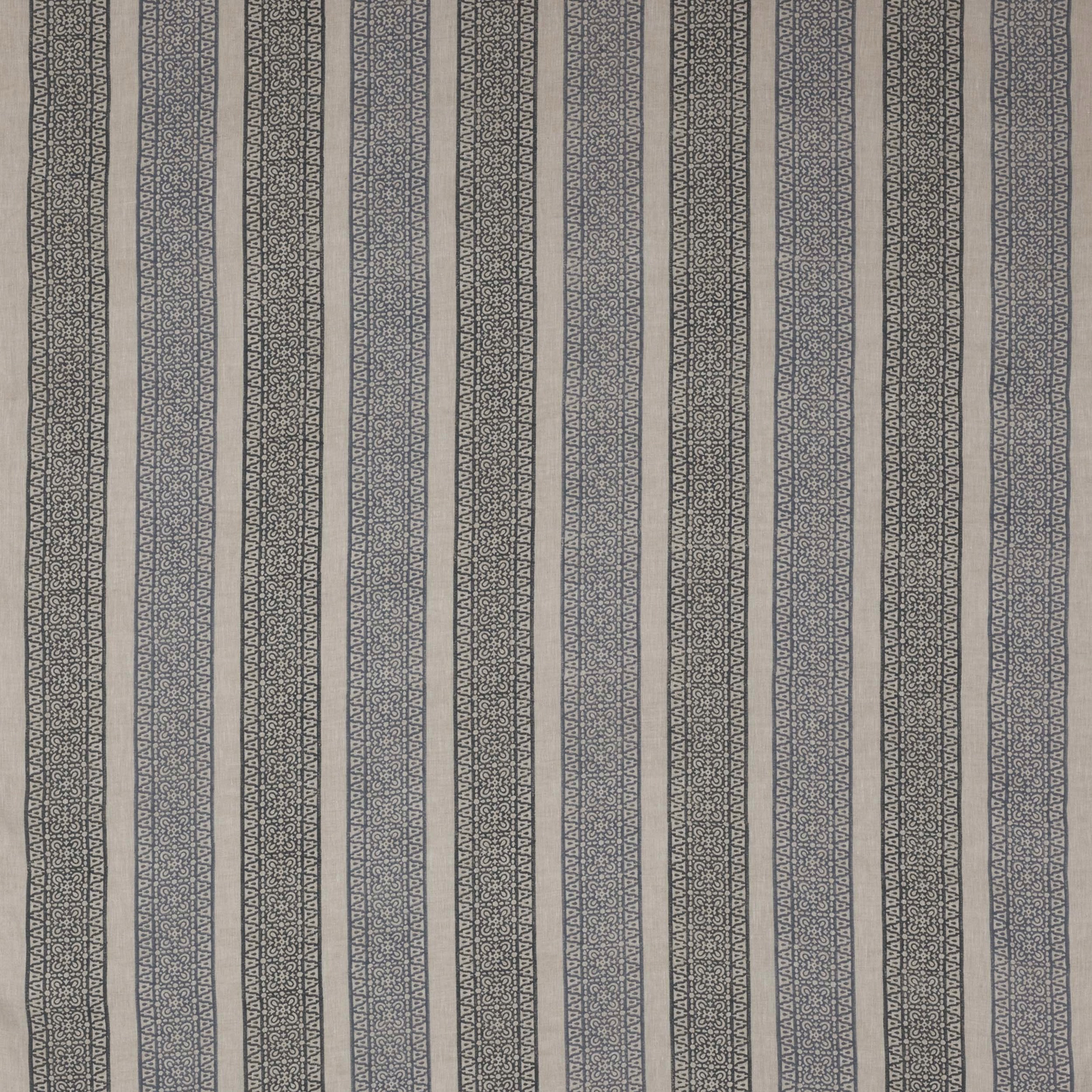 Vertical indigo and grey striped linen swatch with fine geometric patterning