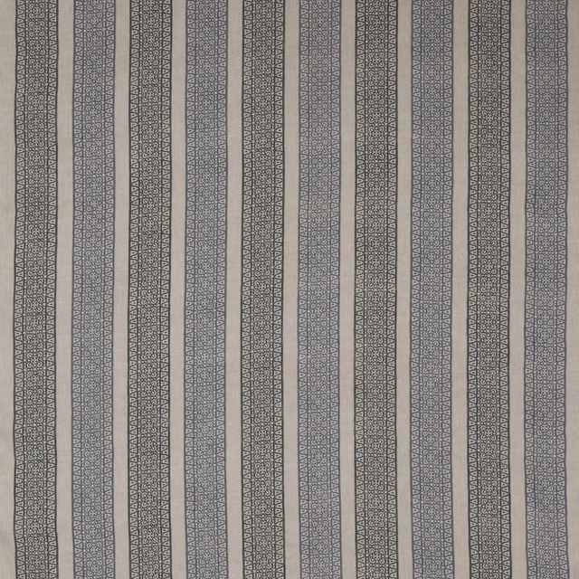 Vertical indigo and grey striped linen swatch with fine geometric patterning