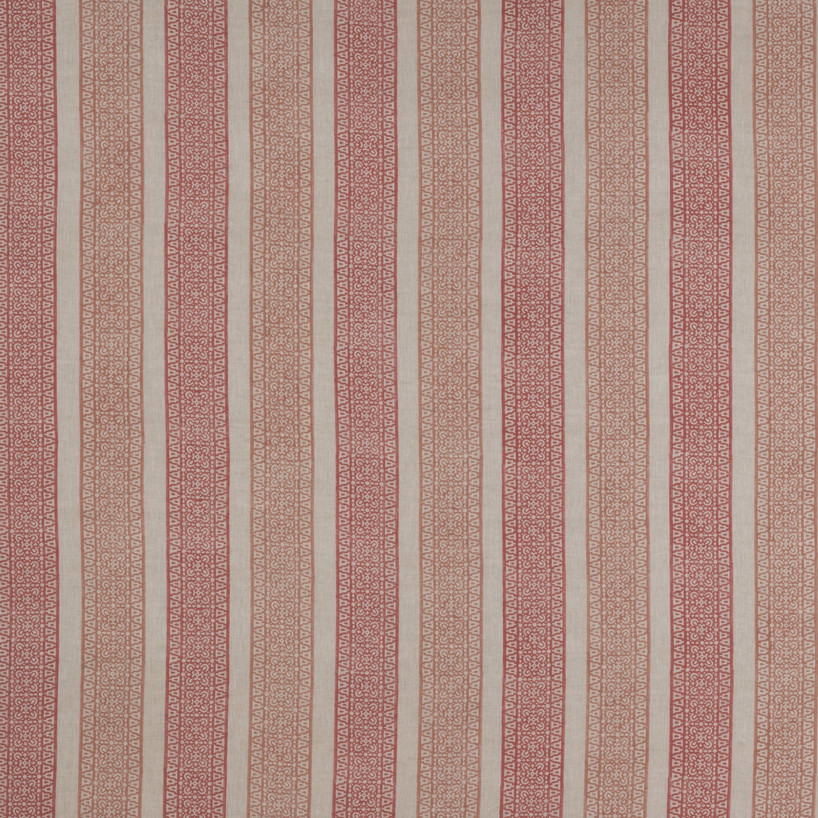 Soft coral red and pale linen striped fabric with narrow decorative vertical bands