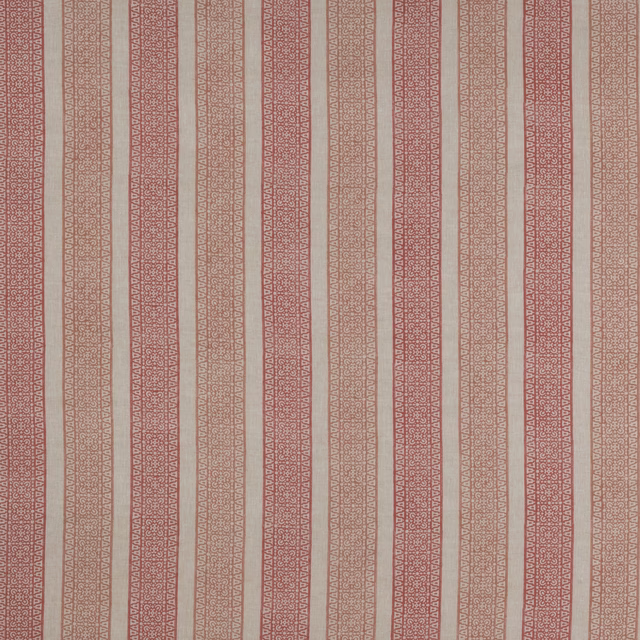 Soft coral red and pale linen striped fabric with narrow decorative vertical bands