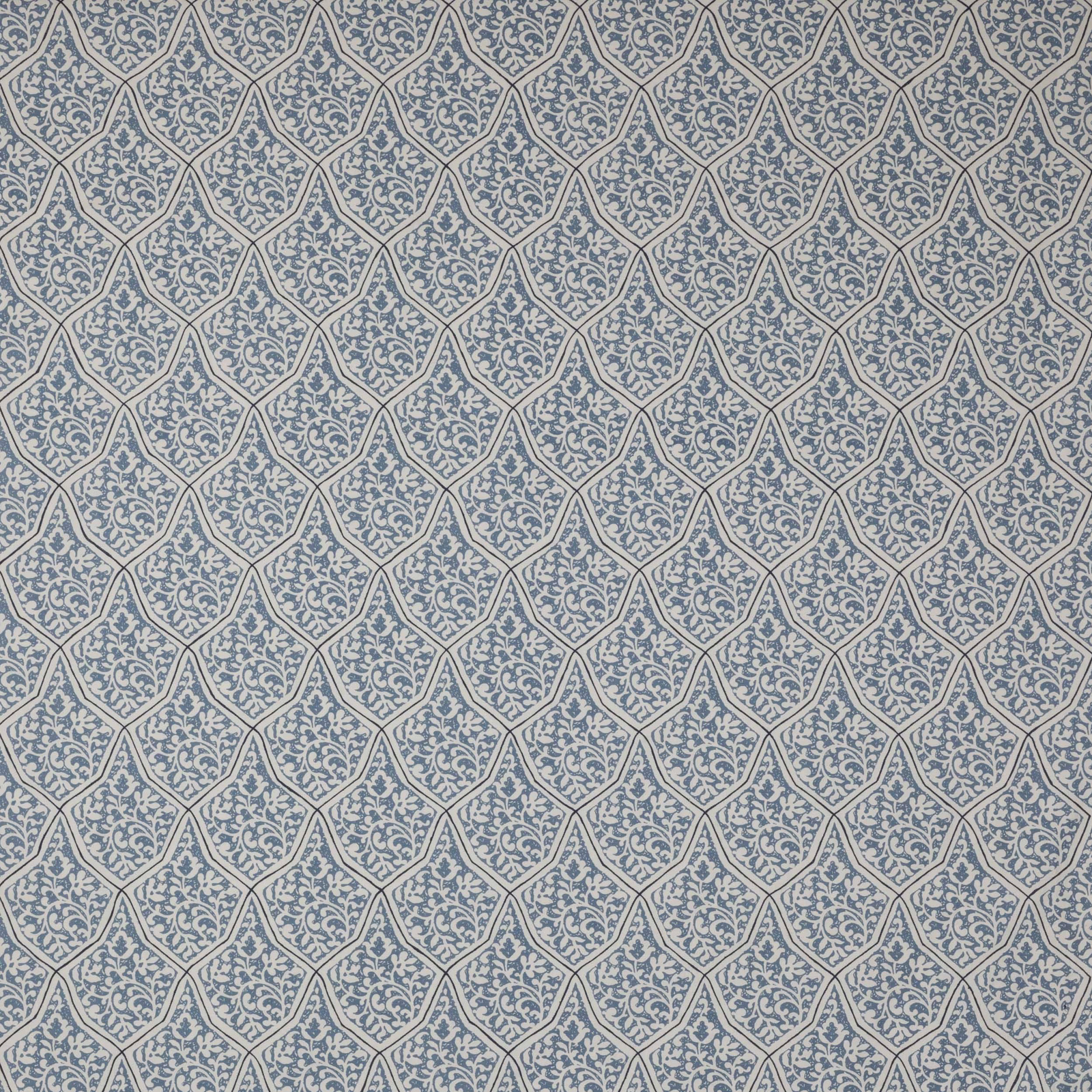 Small blue and cream geometric lattice fabric swatch with delicate scrolling motif