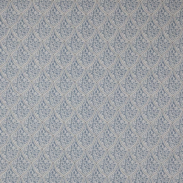 Small blue and cream geometric lattice fabric swatch with delicate scrolling motif
