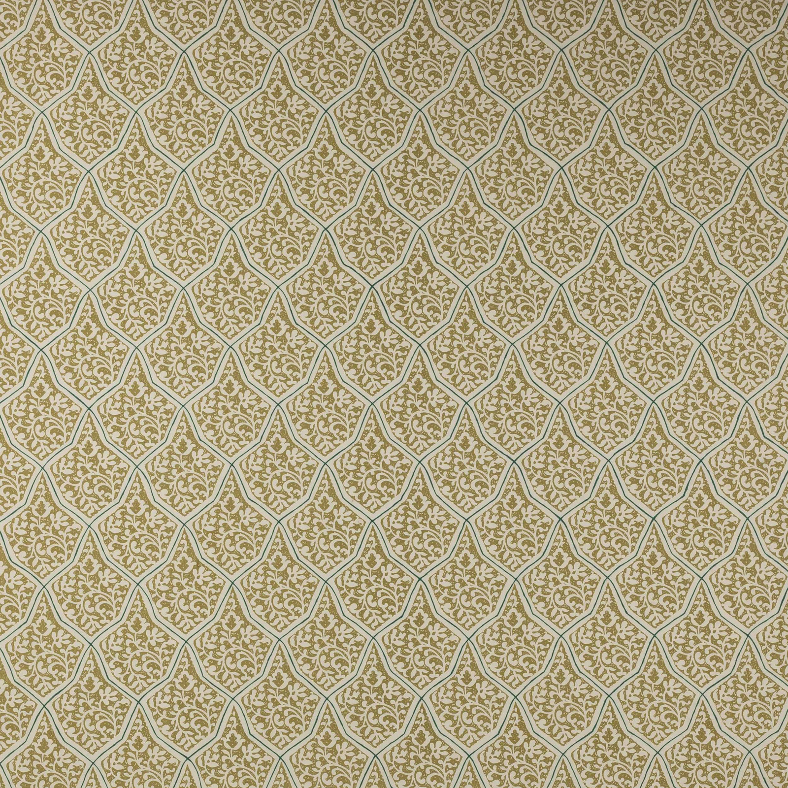 Olive green geometric fabric with scrolling cream motif and pale outlined lattice