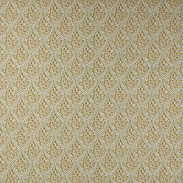 Olive green geometric fabric with scrolling cream motif and pale outlined lattice