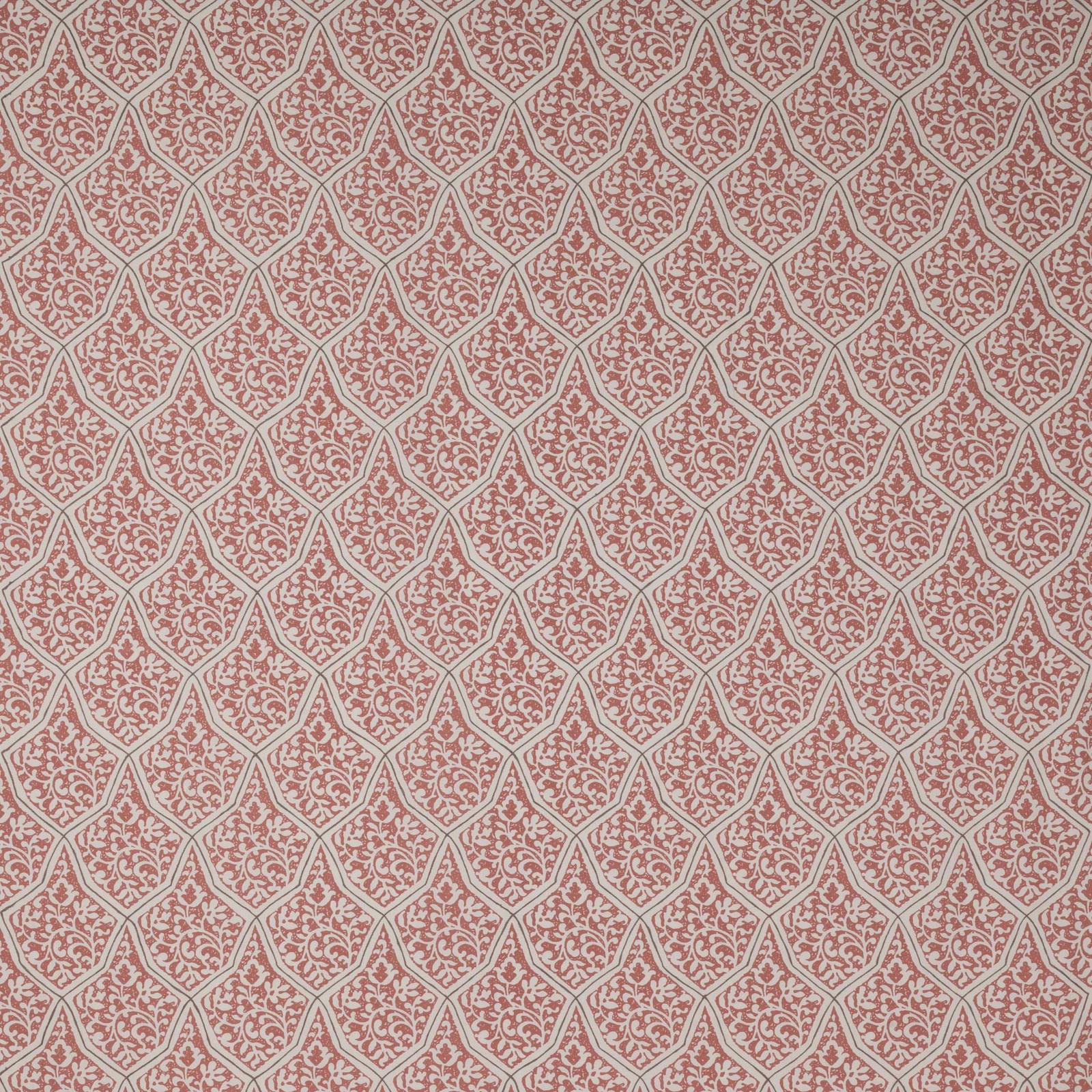 Coral-red scroll damask in linked lattice shapes on a pale ground