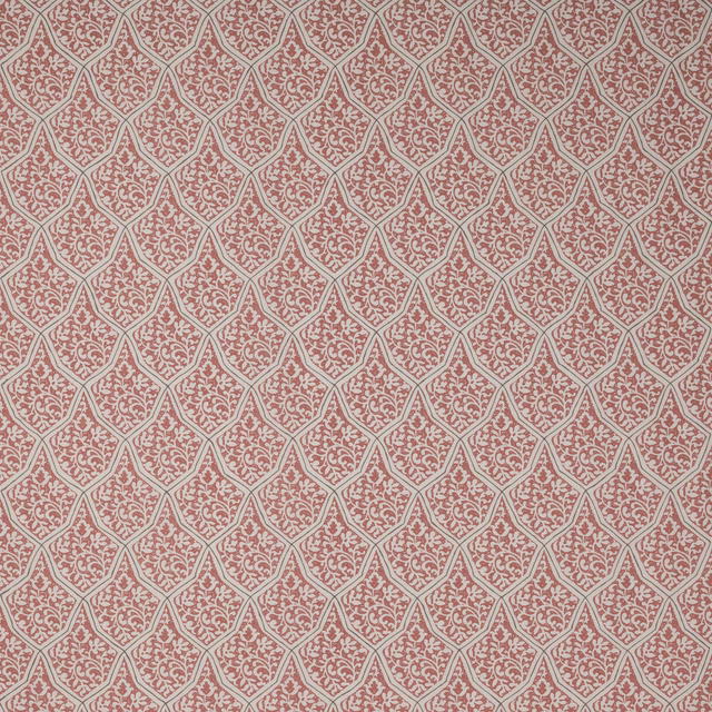 Coral-red scroll damask in linked lattice shapes on a pale ground