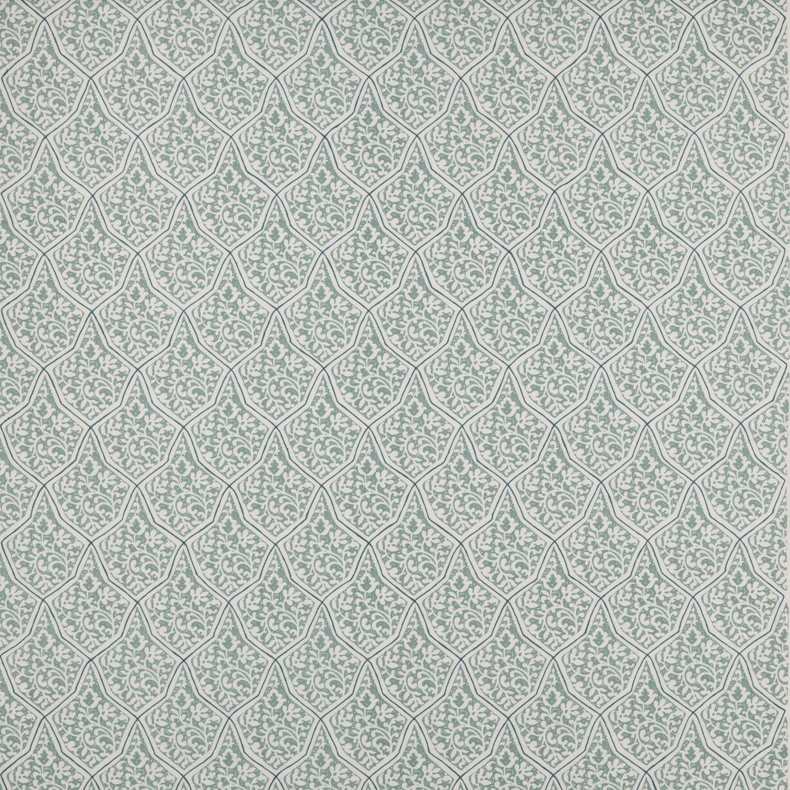 Pale teal geometric fabric with small scrolling motif in a diamond repeat