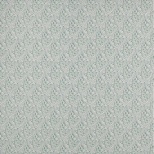 Pale teal geometric fabric with small scrolling motif in a diamond repeat