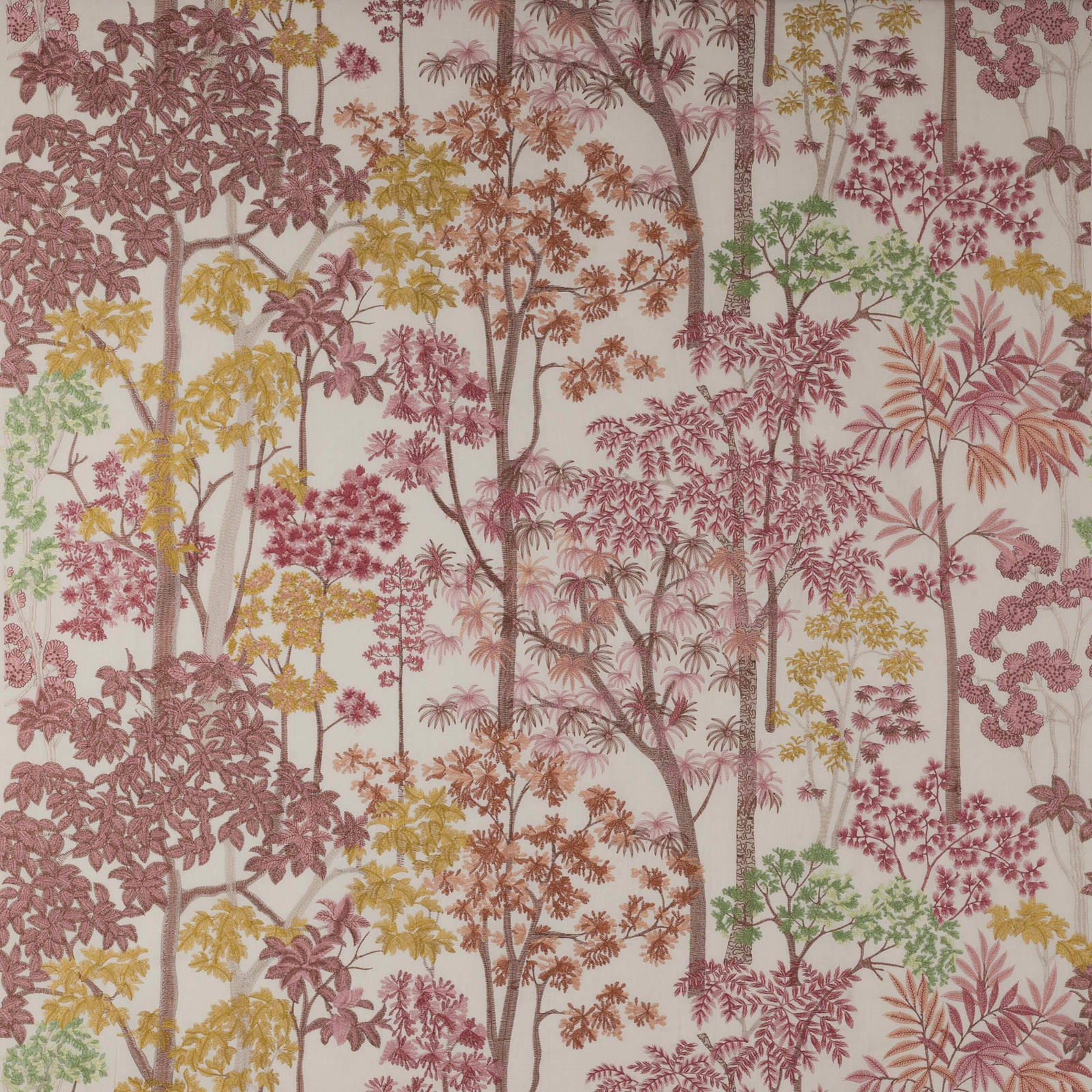 Embroidery of pink-red and yellow trees on a cream ground, large botanical fabric