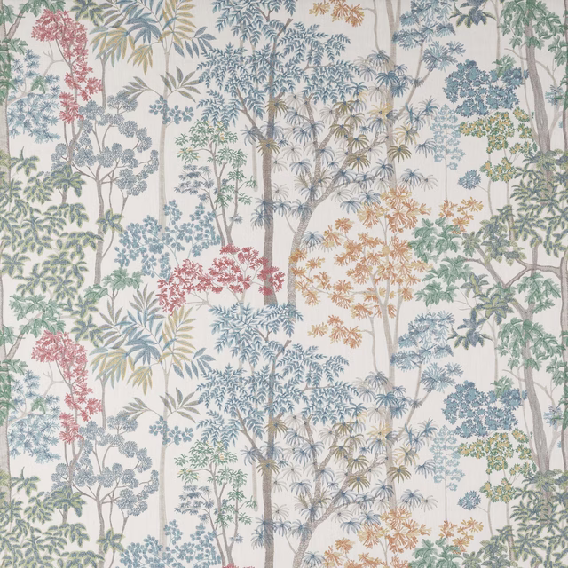 Pastel tree and foliage fabric on an ivory ground with soft blue, green and pink accents