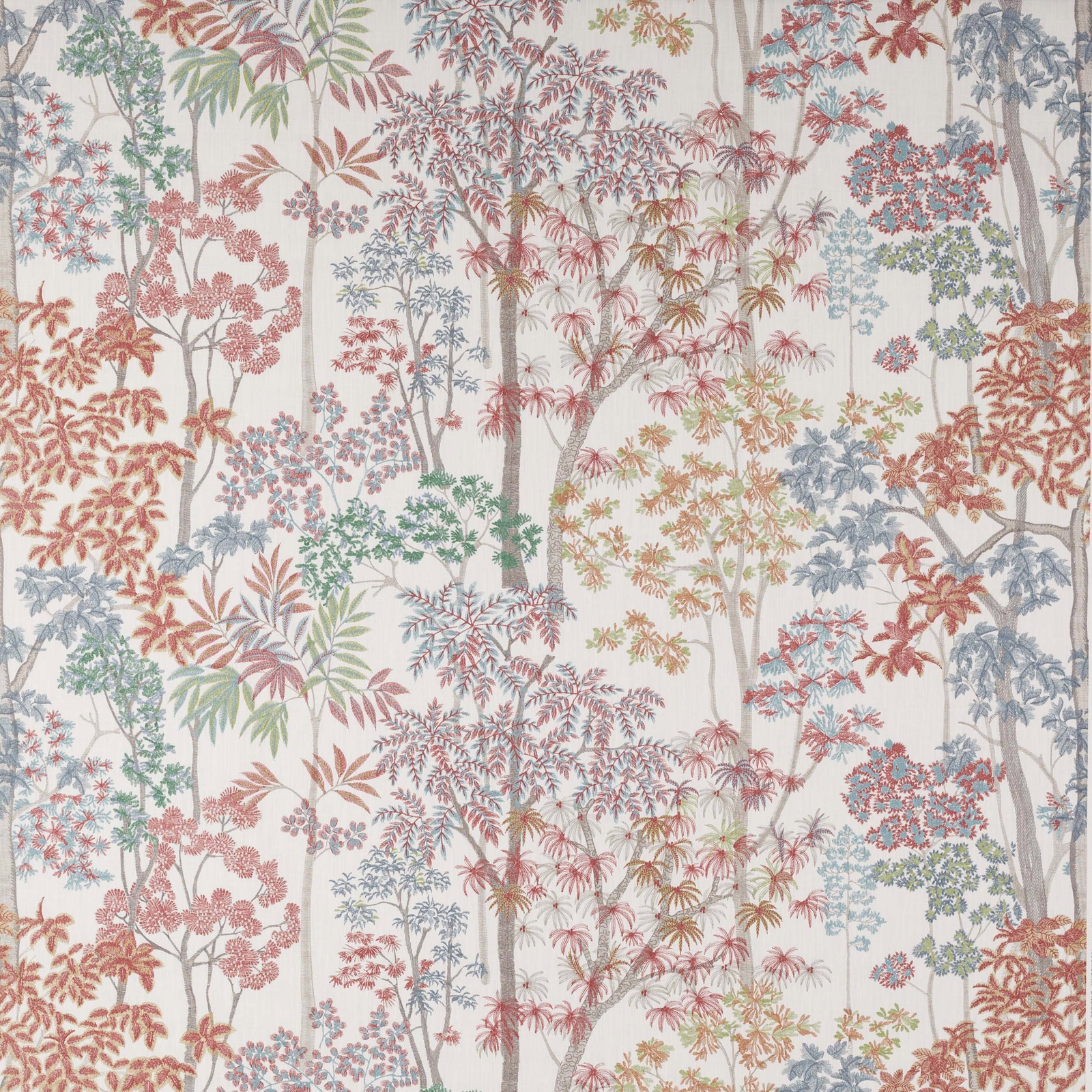Large botanical fabric swatch with coral-red, blue-grey and green trees on ivory ground
