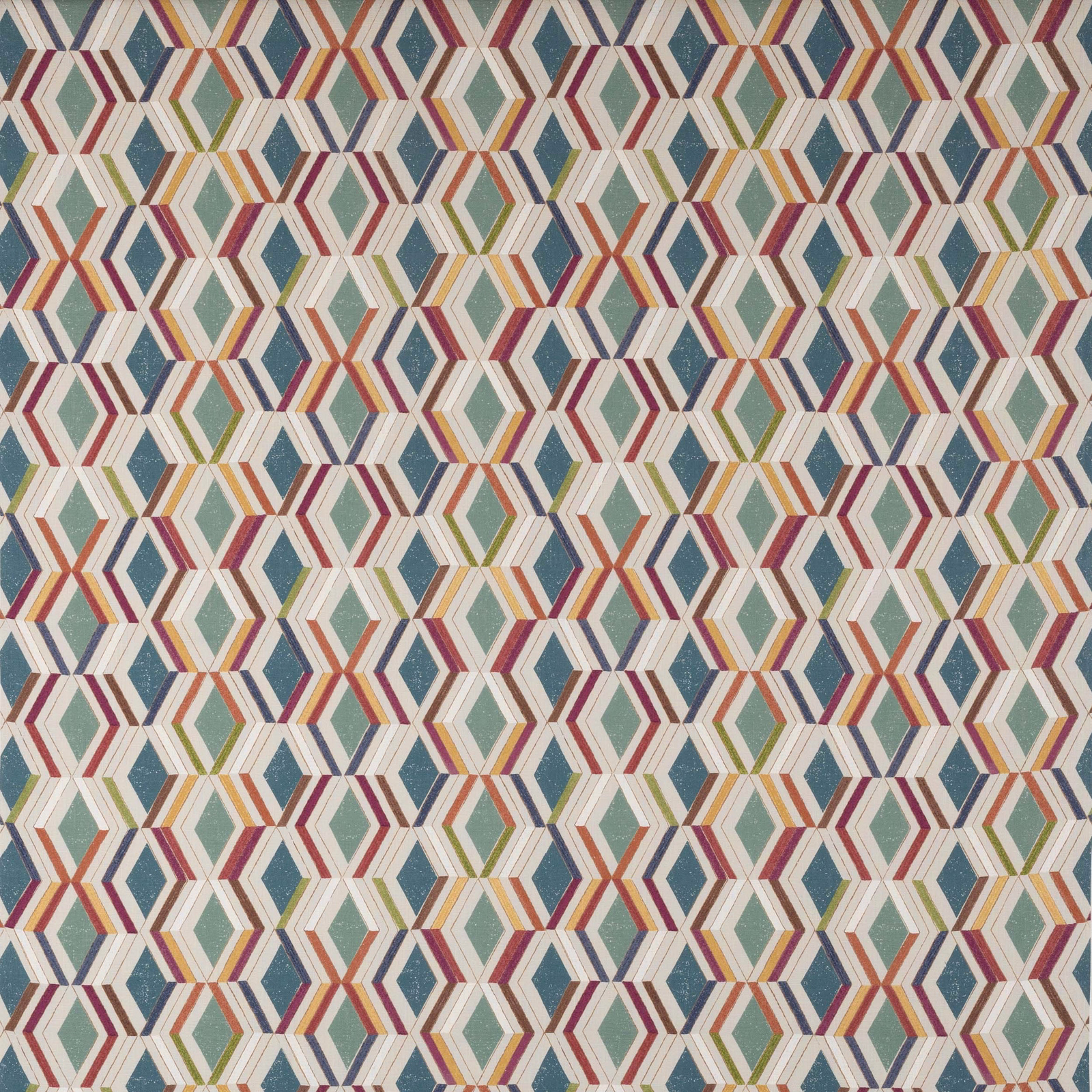 Cream geometric fabric with repeating diamond motif in teal, coral and green