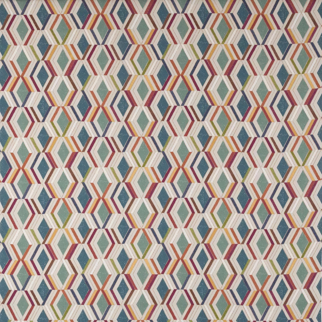 Cream geometric fabric with repeating diamond motif in teal, coral and green