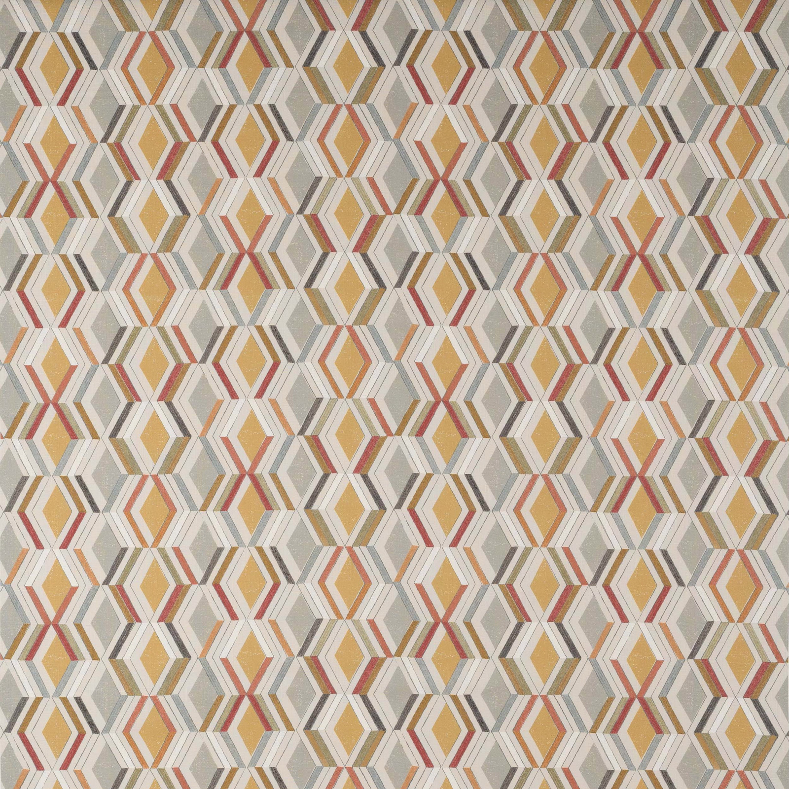 Geometric diamond fabric in ochre, grey and coral on a pale ground