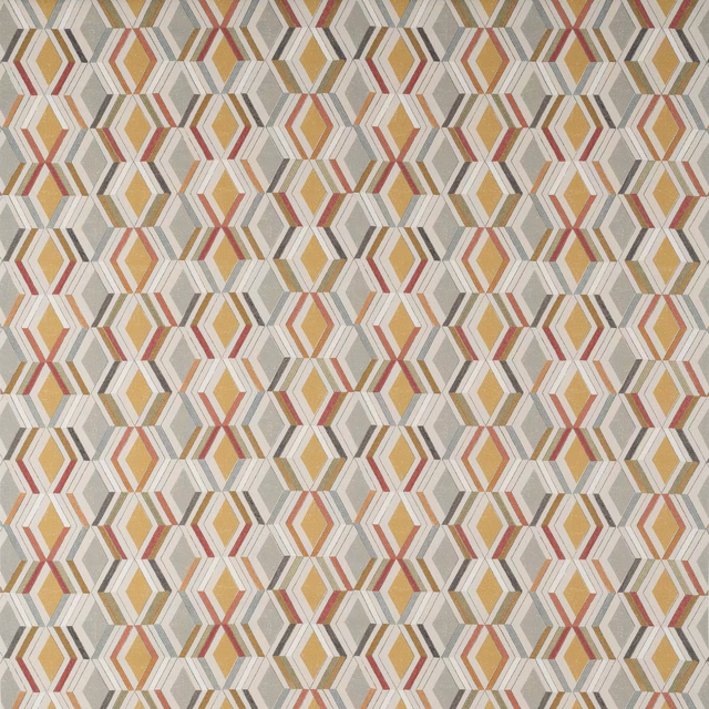 Geometric diamond fabric in ochre, grey and coral on a pale ground
