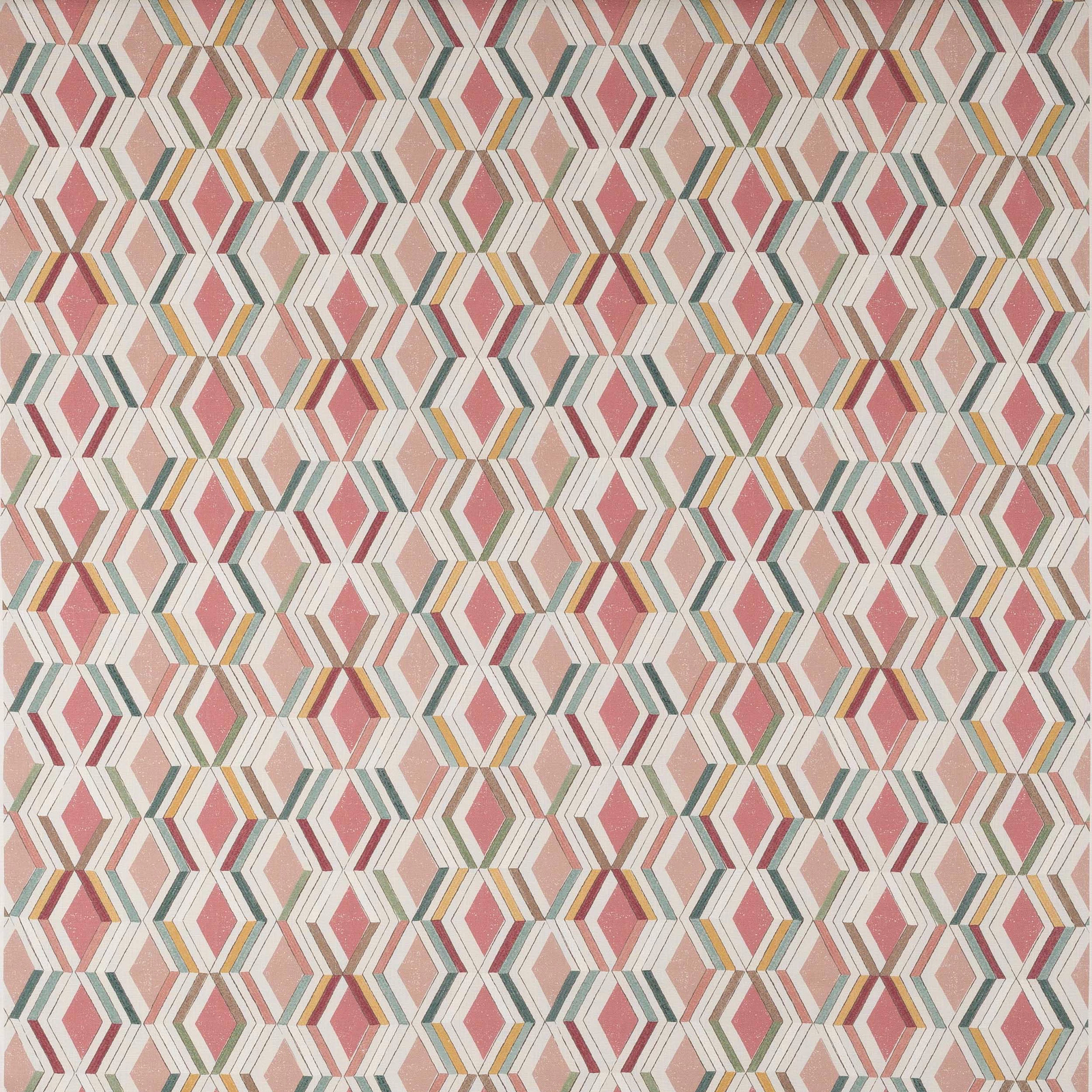 Geometric diamond-pattern fabric in coral pink, teal, gold and ivory