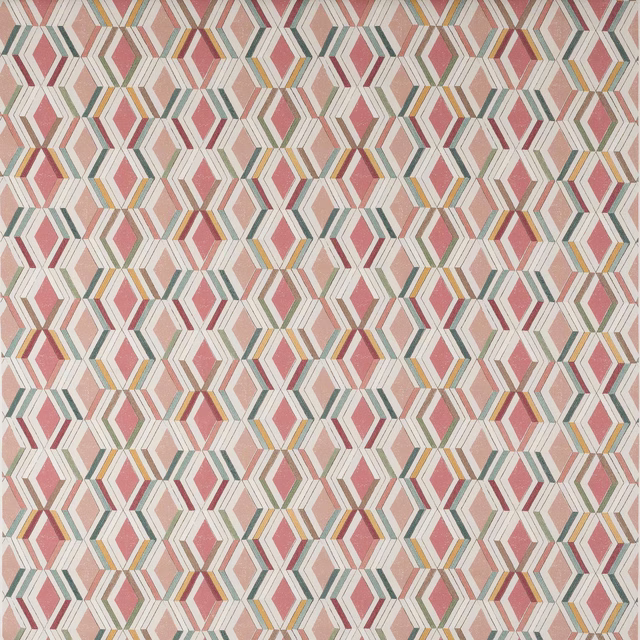 Geometric diamond-pattern fabric in coral pink, teal, gold and ivory