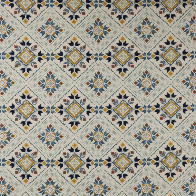 Diamond geometric fabric swatch in pale blue, ochre, navy and terracotta