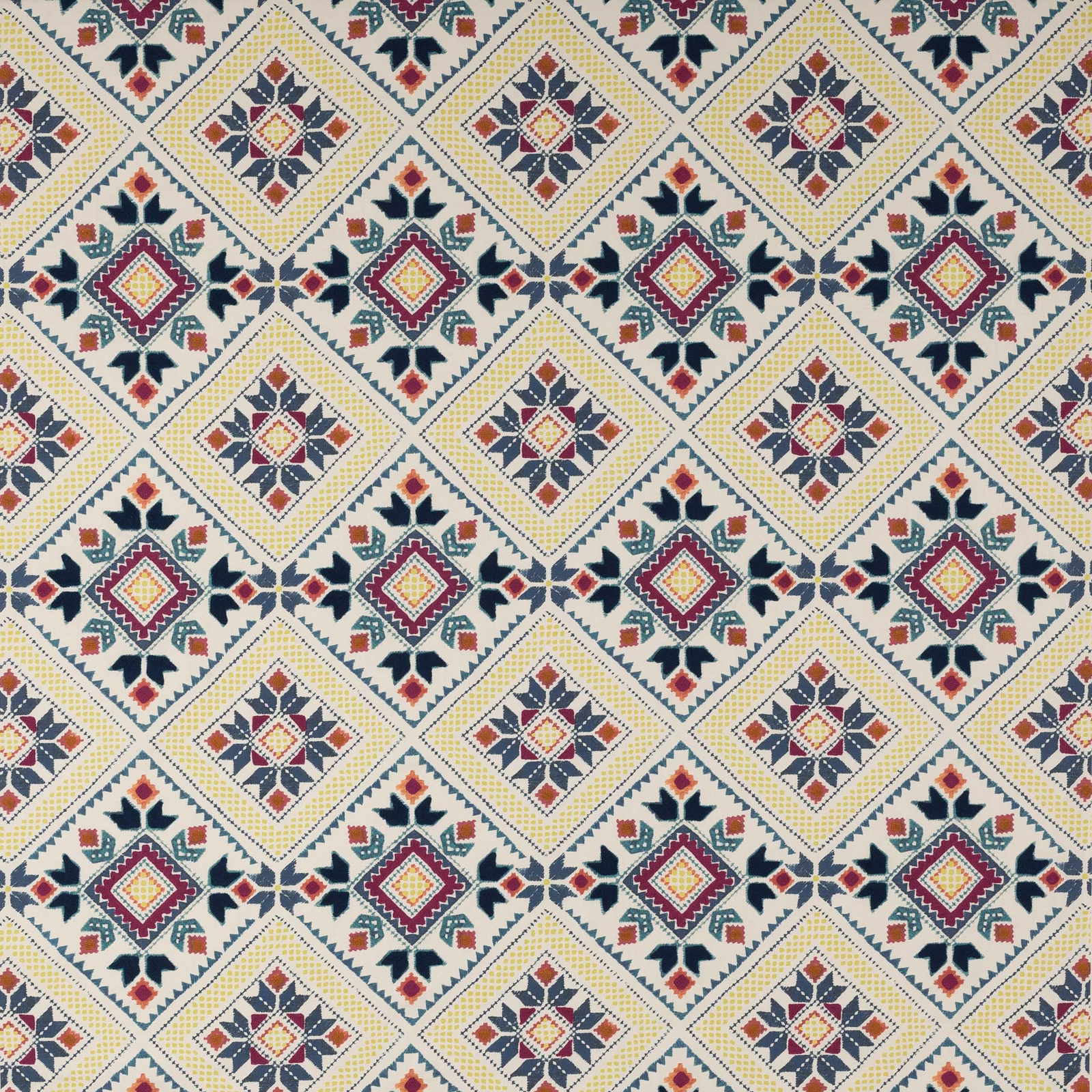 Cream geometric fabric with jewel-toned diamond motifs and repeated star pattern