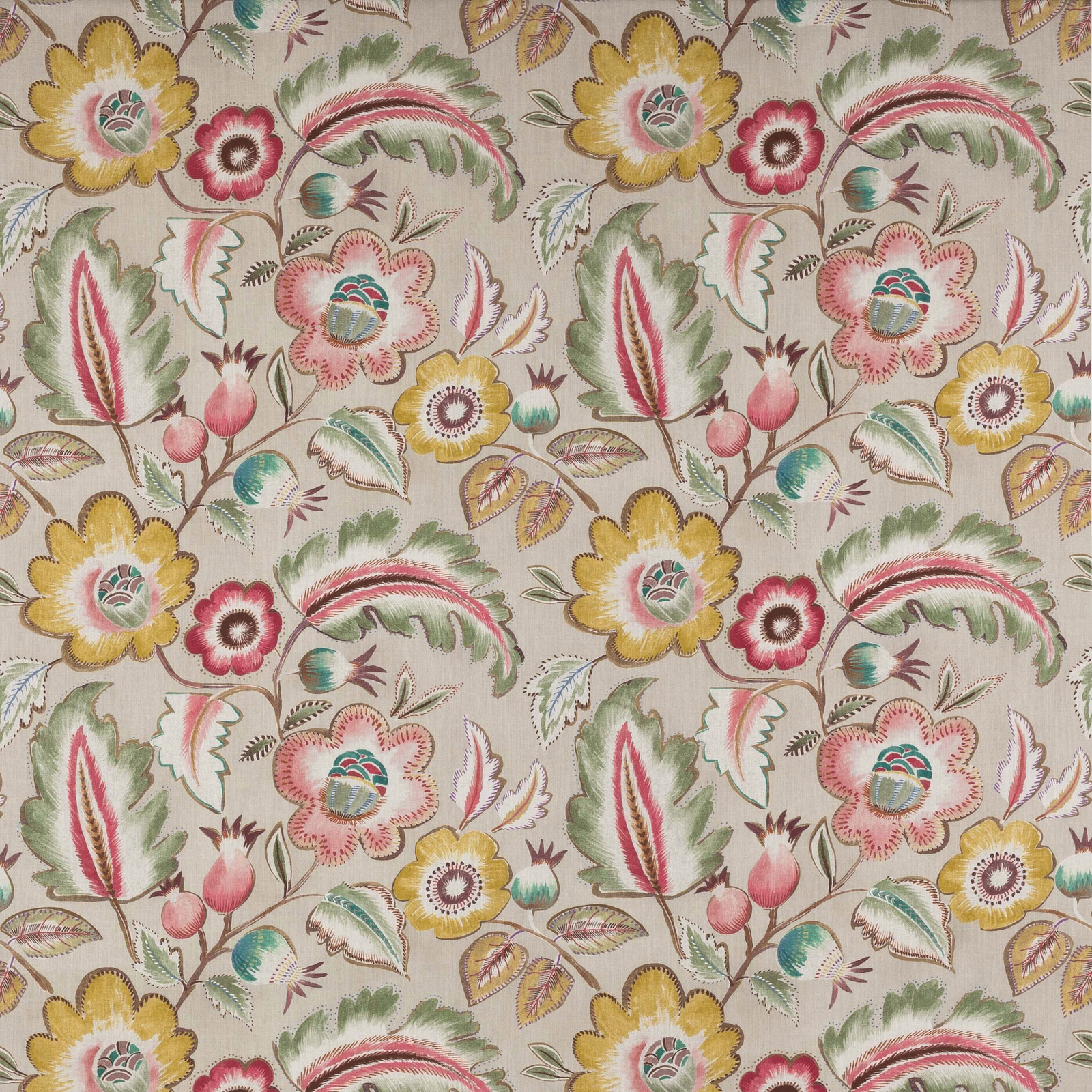 Painterly pink and green floral fabric on a light ground with yellow accents