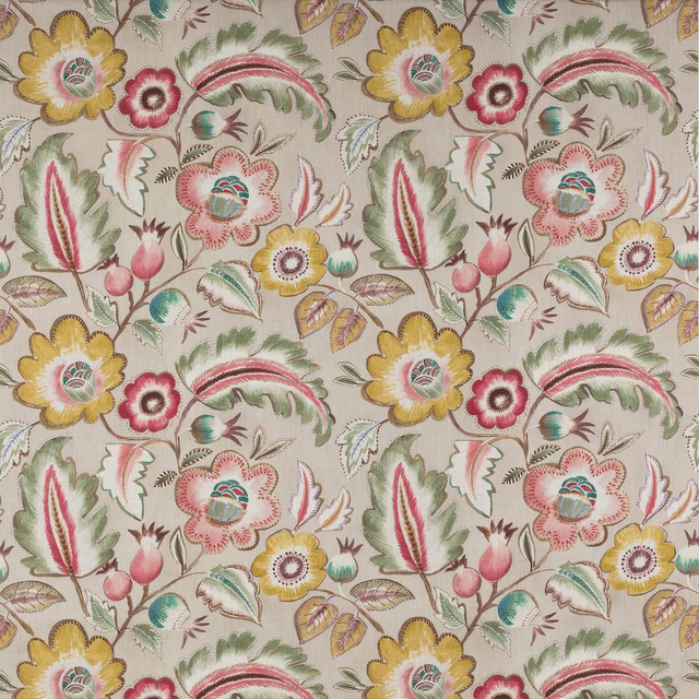 Painterly pink and green floral fabric on a light ground with yellow accents