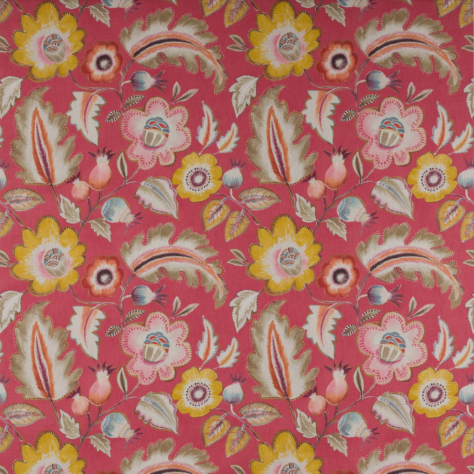 Large floral patterned fabric on a bright raspberry-red ground with cream, yellow and soft green blooms