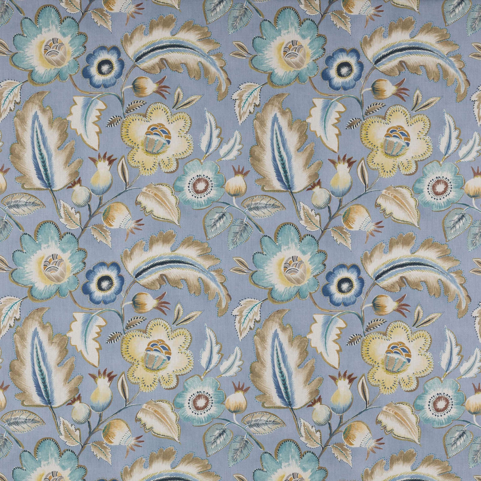 Large floral botanical fabric on a soft powder-blue ground with cream and sage details