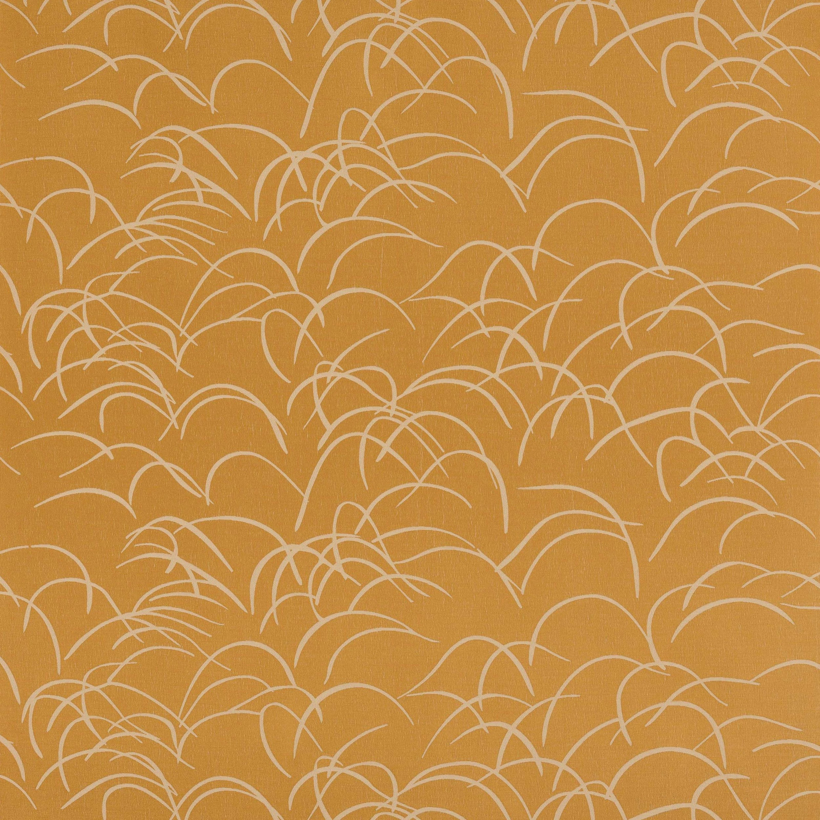 Warm curry orange fabric with pale arc motif and woven texture