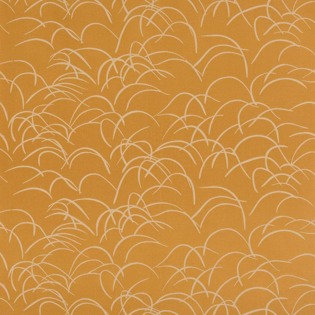 Warm curry orange fabric with pale arc motif and woven texture