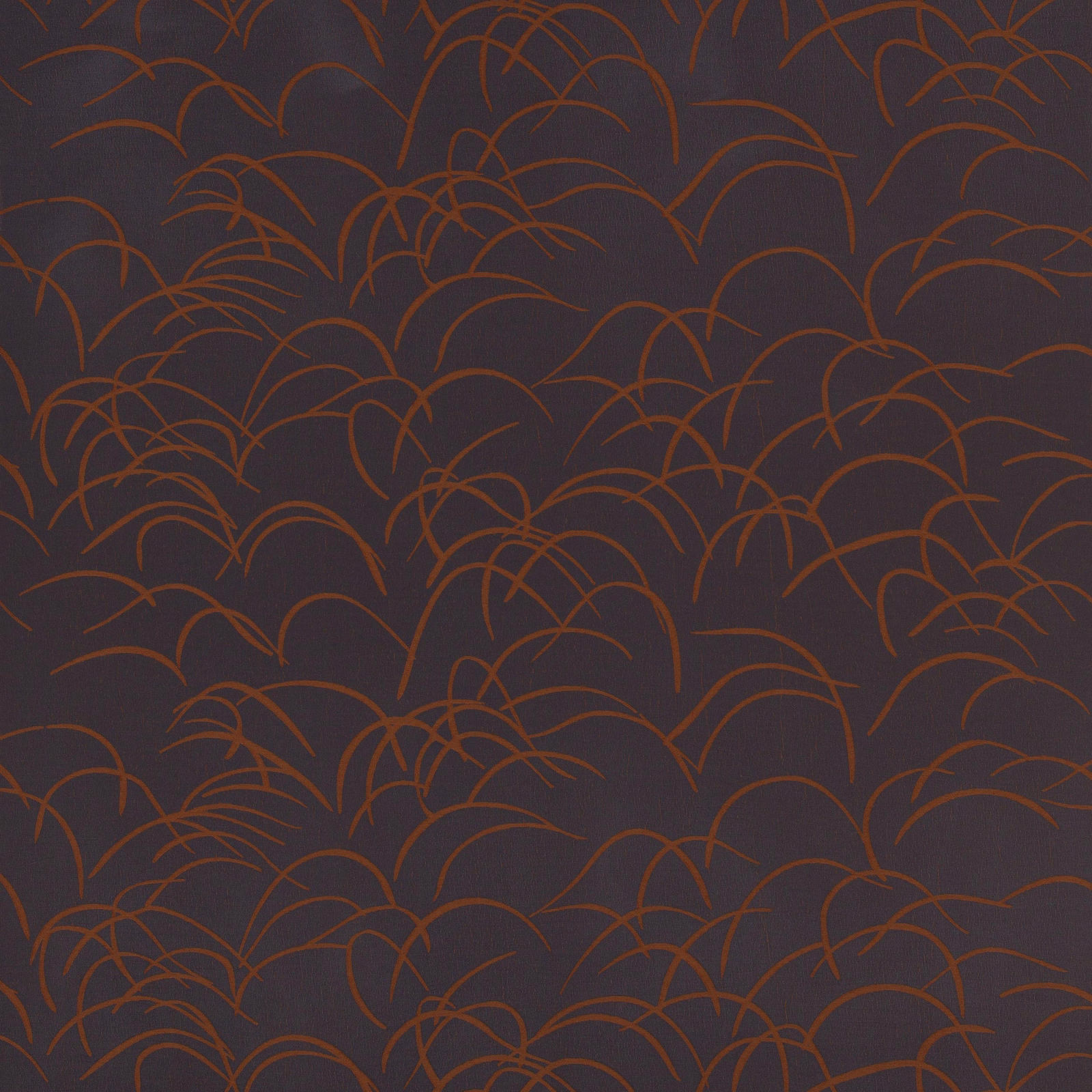 Dark brown fabric swatch with rust-orange arc motif and subtle woven sheen