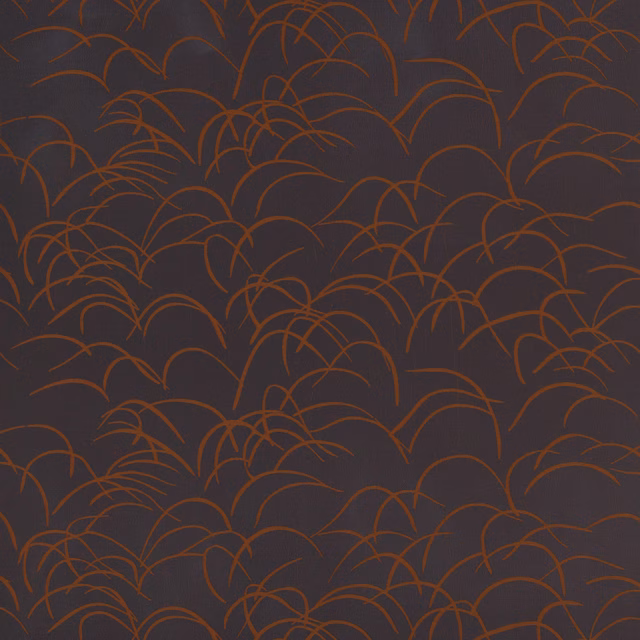 Dark brown fabric swatch with rust-orange arc motif and subtle woven sheen