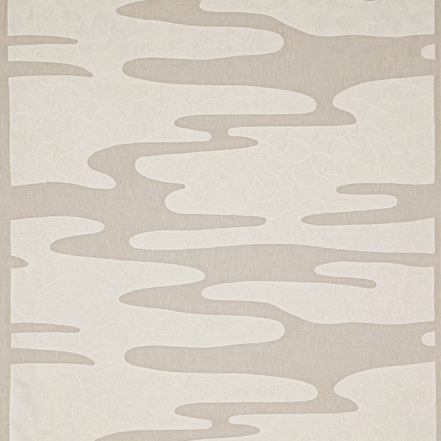 Cream and pale taupe abstract woven fabric with flowing horizontal shapes
