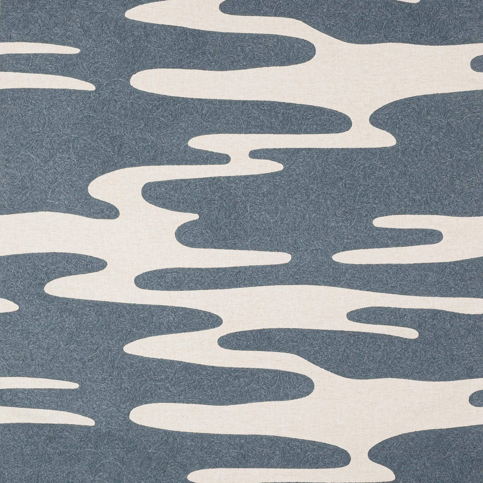 Blue and cream abstract wave stripe fabric with a softly textured weave