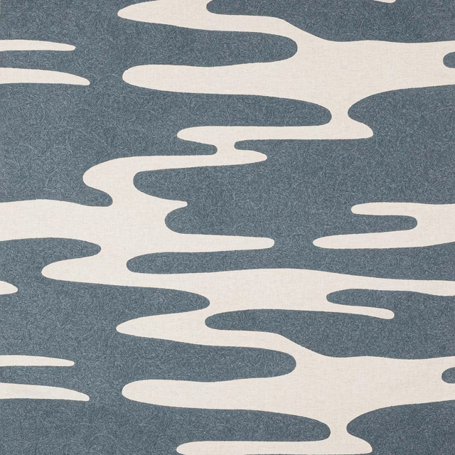 Blue and cream abstract wave stripe fabric with a softly textured weave