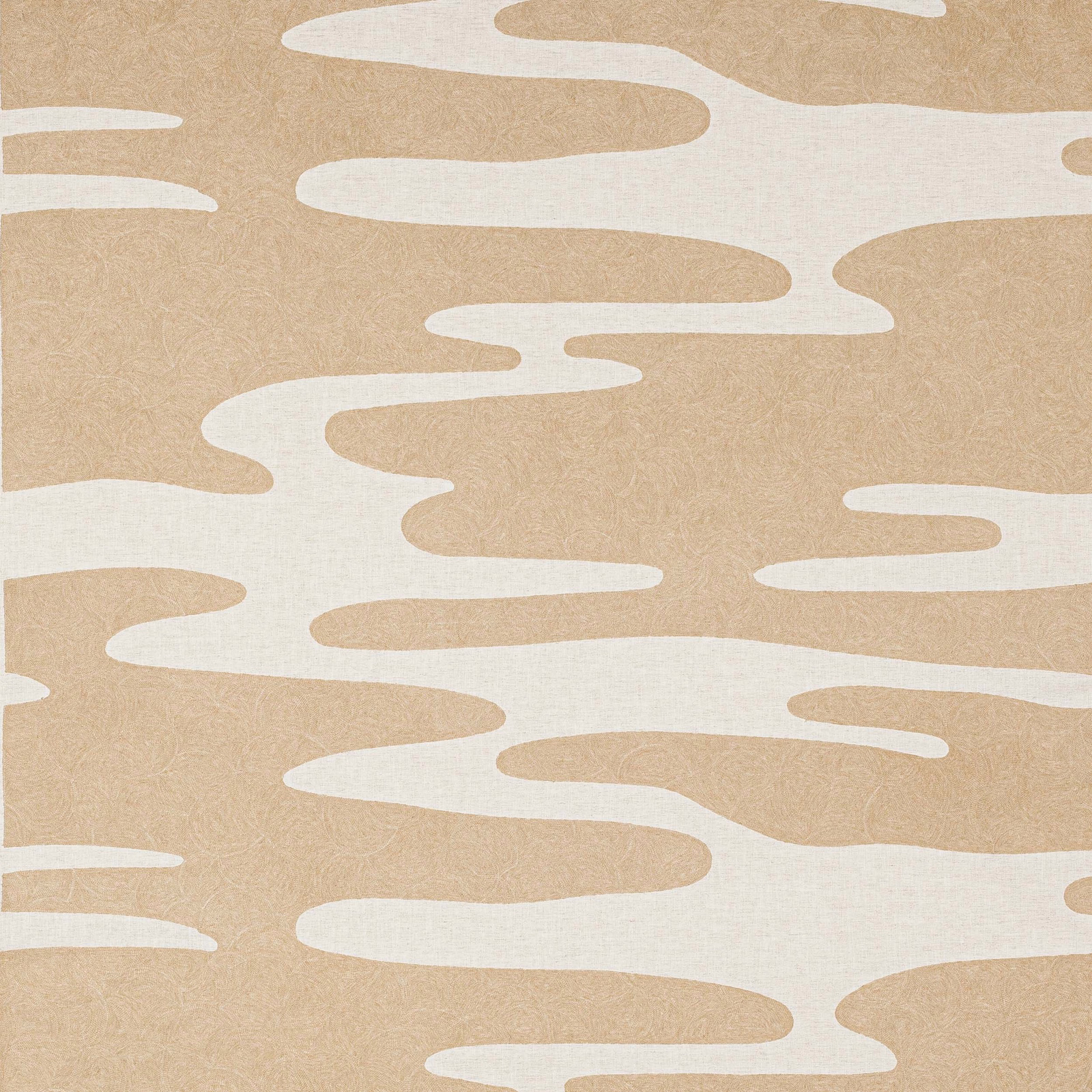 Sand-beige abstract fabric with flowing ivory bands and a soft woven texture