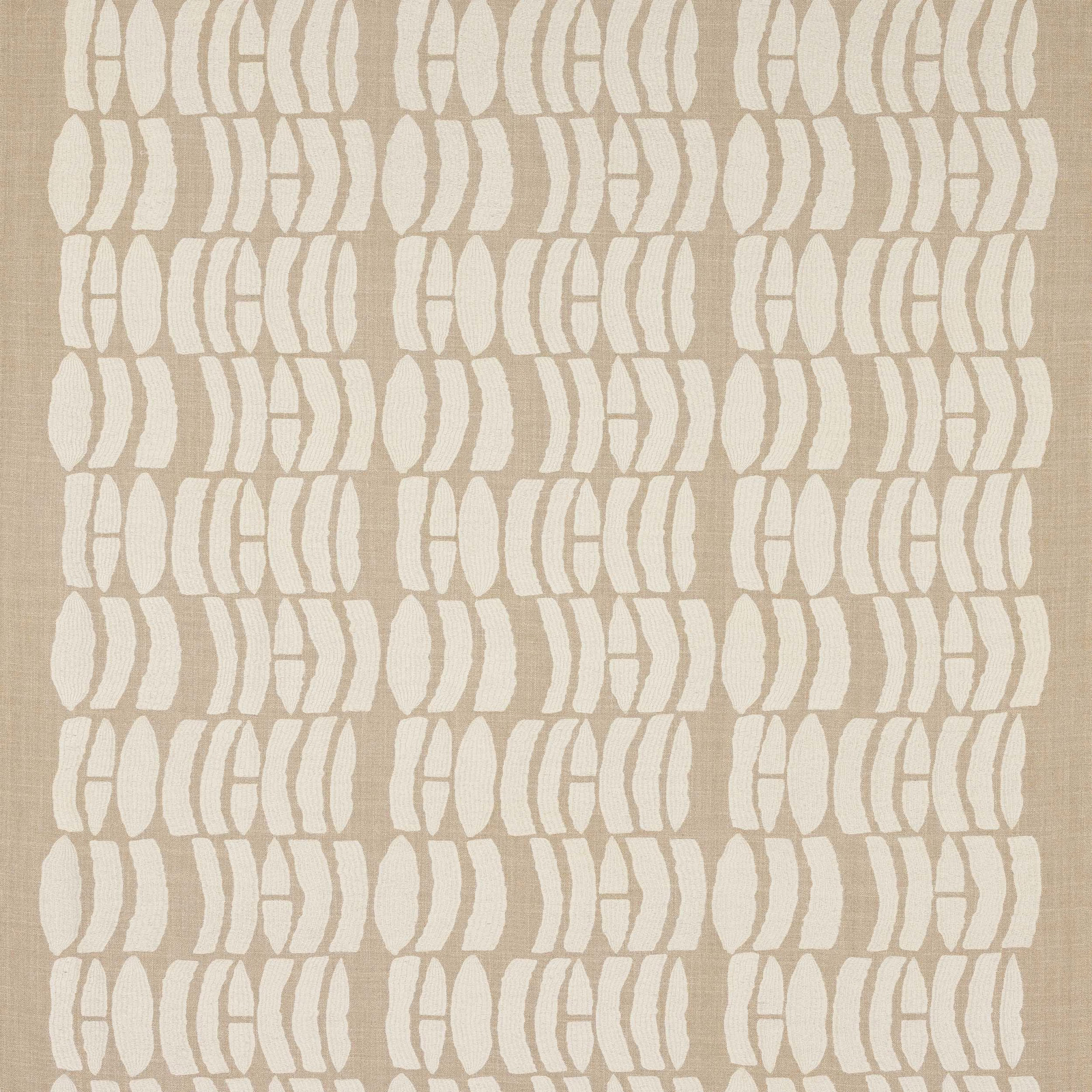 Sandy beige fabric swatch with an ivory geometric repeated motif