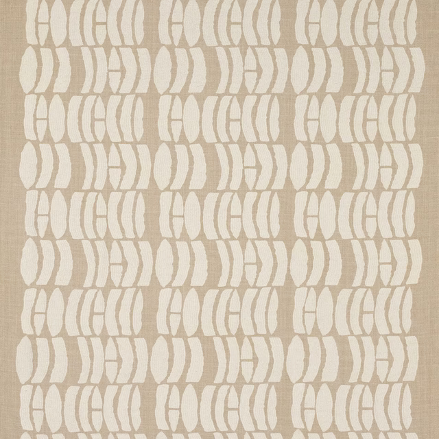 Sandy beige fabric swatch with an ivory geometric repeated motif