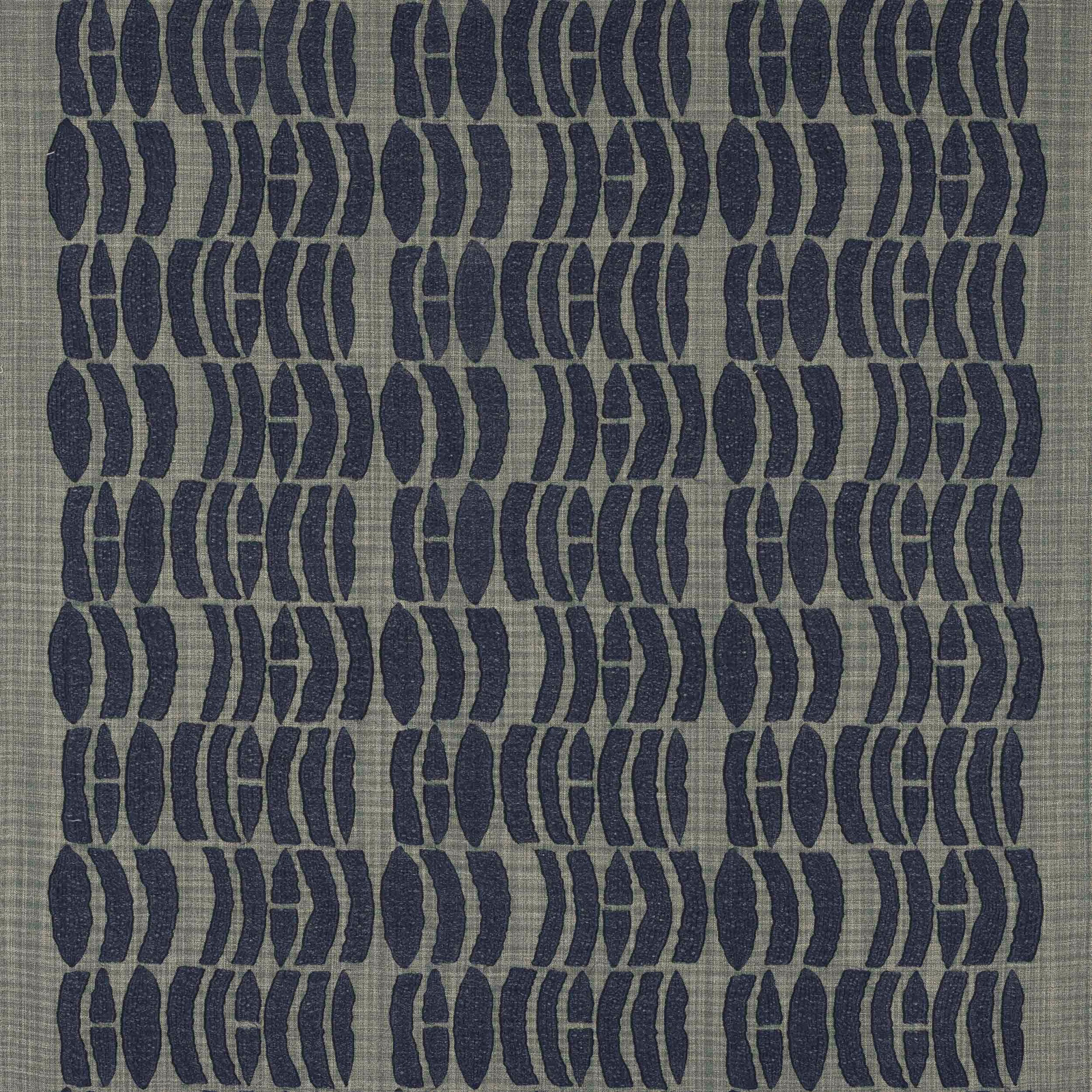 Sample of navy geometric motif on a muted grey-green textured ground