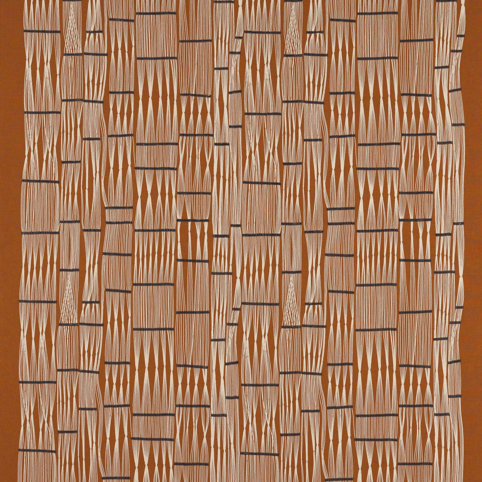 Swatch of copper-orange geometric woven fabric with ivory and dark linear accents