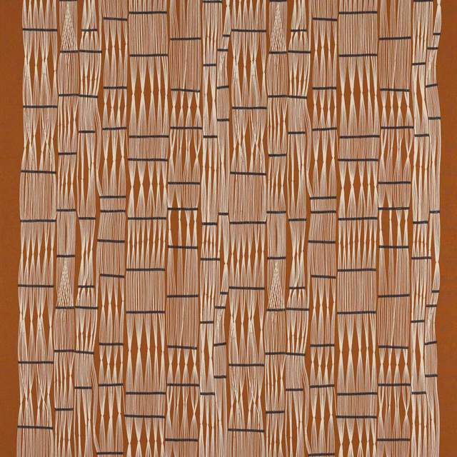 Swatch of copper-orange geometric woven fabric with ivory and dark linear accents