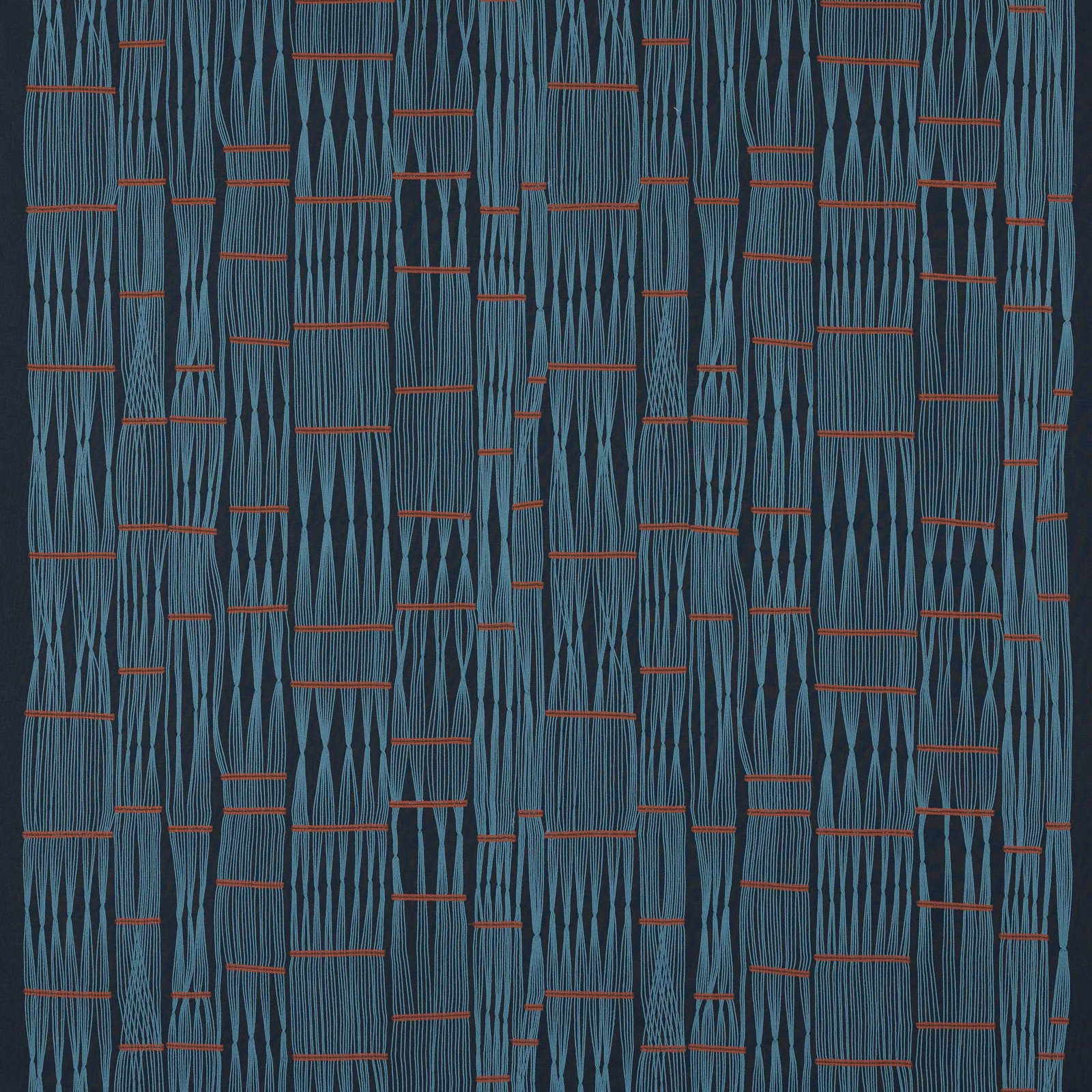 Marine blue geometric fabric with rust horizontal accents and textured vertical weave