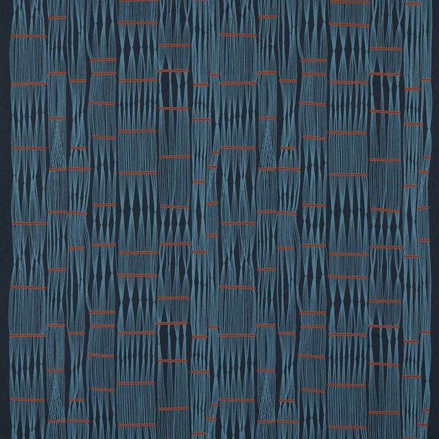 Marine blue geometric fabric with rust horizontal accents and textured vertical weave