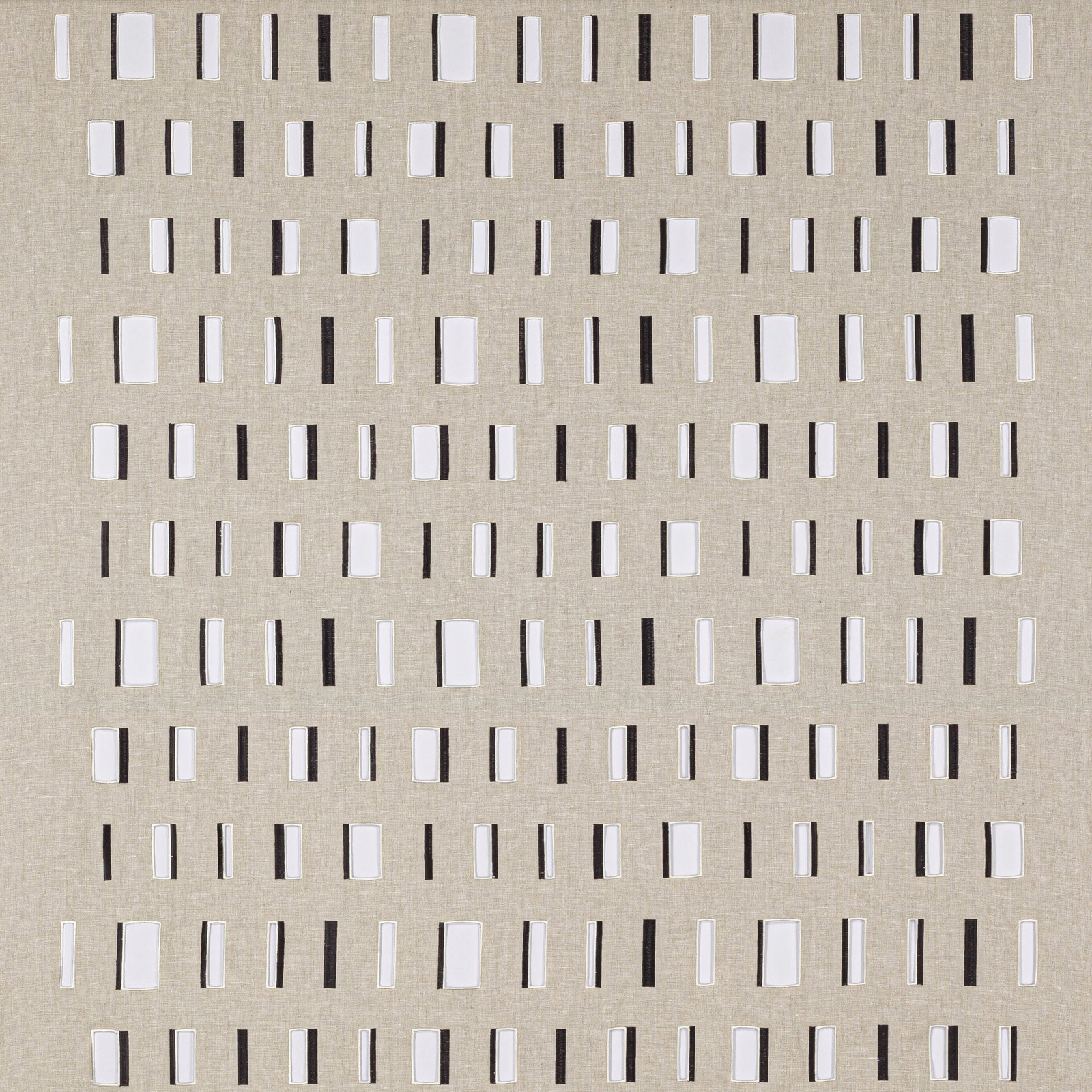 Taupe woven fabric with small black and ivory vertical stripe pattern
