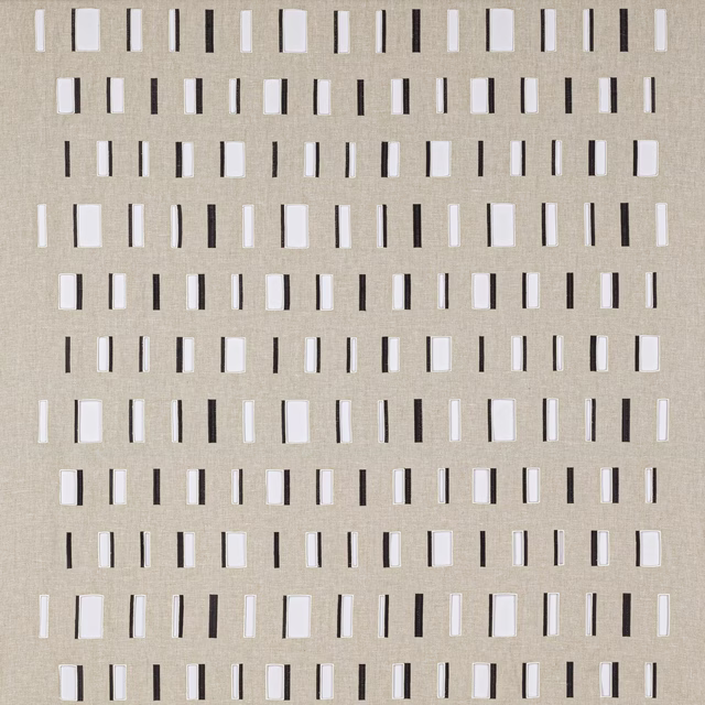Taupe woven fabric with small black and ivory vertical stripe pattern