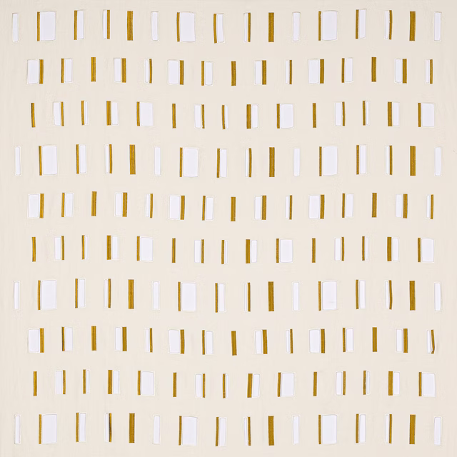 Ivory fabric with small vertical saffron-gold bars in a neat scattered grid