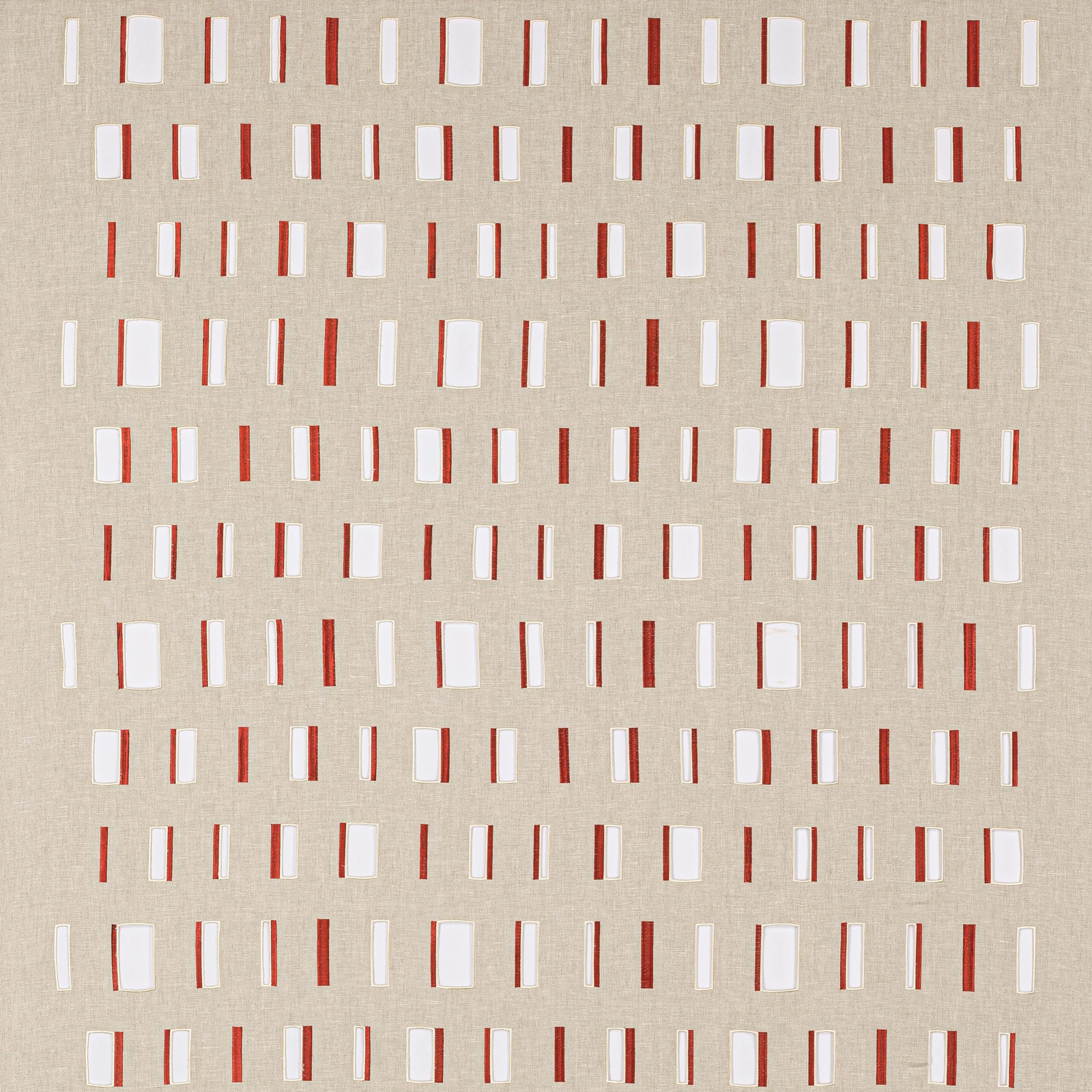 Beige linen-look fabric with small white and spice-red vertical dash motifs