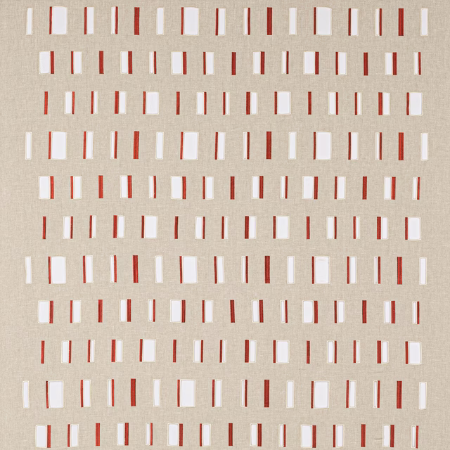 Beige linen-look fabric with small white and spice-red vertical dash motifs