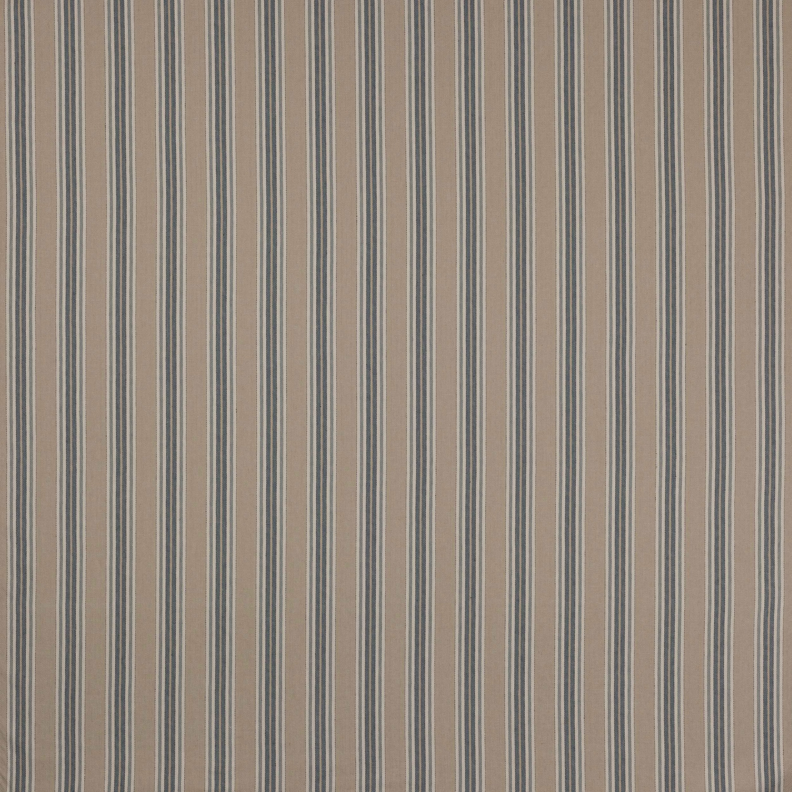 Beige striped fabric swatch with fine blue-grey vertical pinstripes