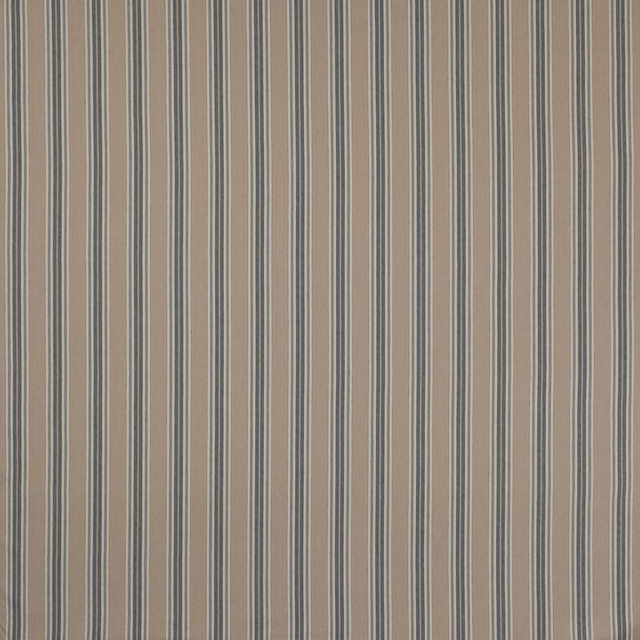 Beige striped fabric swatch with fine blue-grey vertical pinstripes
